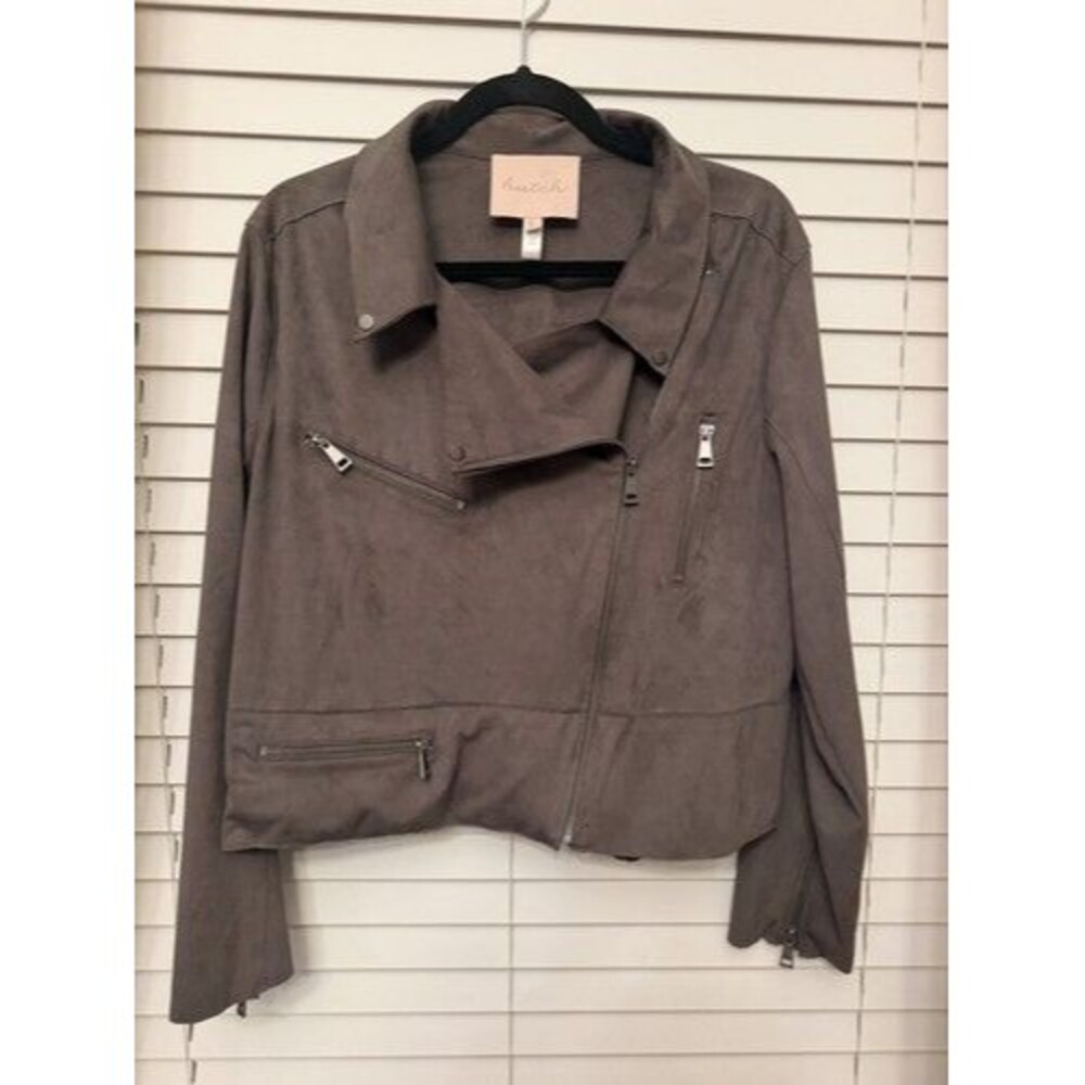 Hutch Anthropologie Faux Suede Moto Jacket Zippers Sz Large Grey Fall Winter